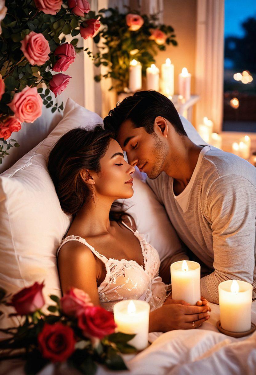 A warm and cozy scene depicting a couple sharing a tender moment while surrounded by flickering candlelight, soft pillows, and blooming roses. The couple is gazing into each other's eyes, radiating love and commitment, with gentle hues of red and pink throughout the background. A soft focus effect enhances the dreamy atmosphere, evoking a sense of romance. super-realistic. warm tones. soft focus.