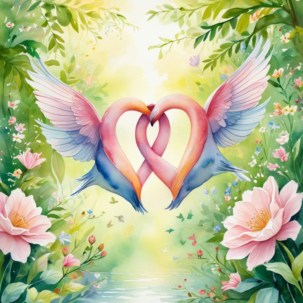 A serene scene of two intertwined hearts made of blooming flowers and soft pastel colors, symbolizing affection and devotion. In the background, gentle rays of sunlight filter through lush greenery, creating a warm and inviting atmosphere. The foreground features handwritten love quotes elegantly trailing around the hearts, enriching the visual narrative. Elements of birds and butterflies flutter around, adding a sense of freedom and joy. watercolor painting. soft colors. romantic atmosphere.