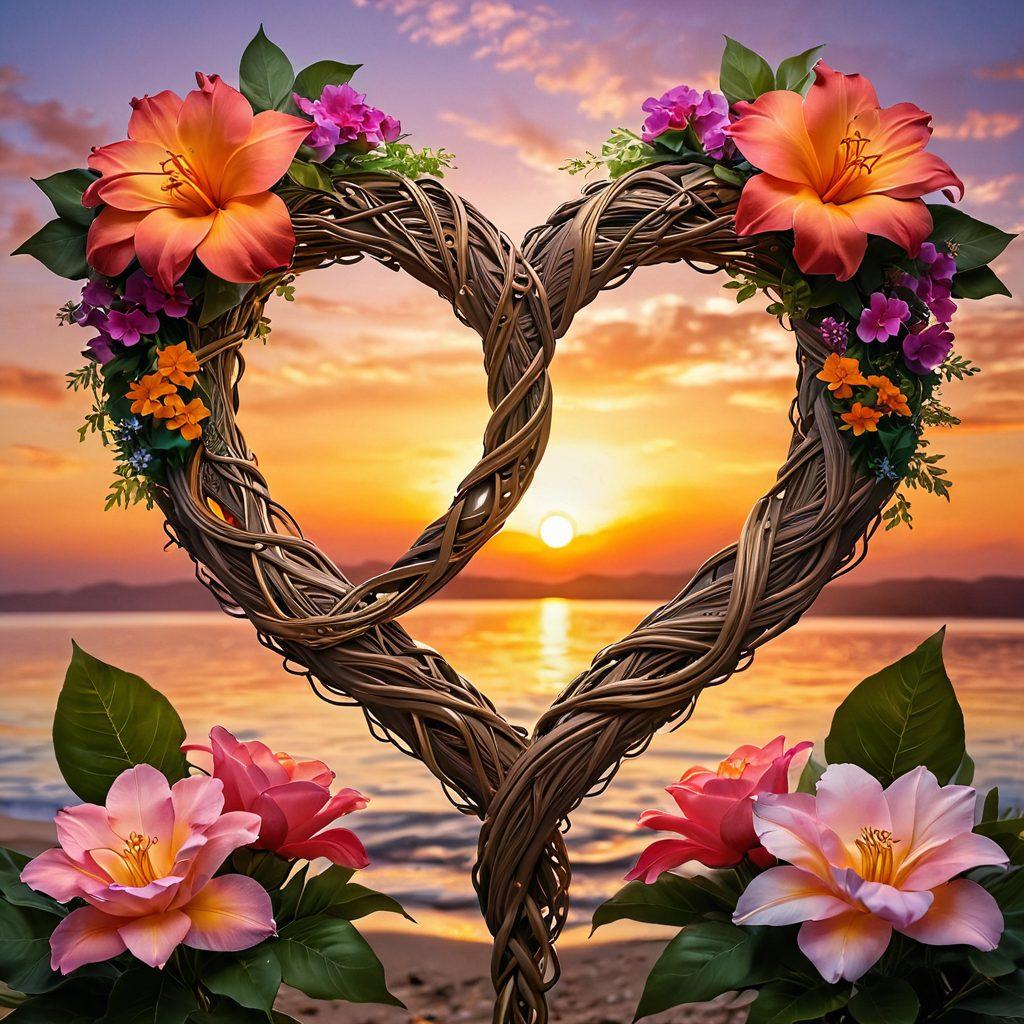 A beautifully intertwined heart and infinity symbol, surrounded by vibrant blooming flowers to represent love and friendship. Soft, warm lighting casts a gentle glow, highlighting the textures of the petals and symbols. In the background, a serene sunset creates a sense of peace and connection. Emphasize rich colors and depth to evoke emotion. super-realistic. vibrant colors. warm lighting.
